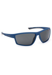 Gafas de sol de plástico azul con lentes polarizados grises, con forma rectangular y acabado mate, adornadas con un sutil logo en la patilla.