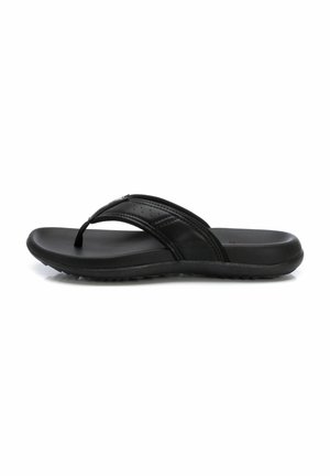 Chanclas negras con una tira ancha, fabricadas de material sintético suave, con una plantilla texturizada y una suela de goma flexible.