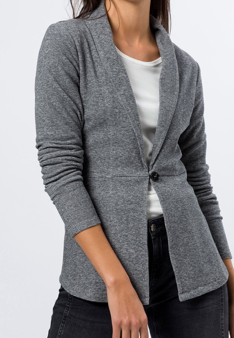 Veste légère grise à rayures avec un col châle, une fermeture à un bouton et des manches longues, portée sur une chemise blanche et un jean noir.