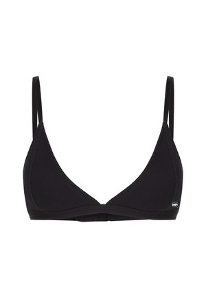 Schwarzer Dreieck-Bralette mit dünnen verstellbaren Trägern, glatter Textur und dezentem Logodetail. Verfügt über einen weichen Bund für zusätzlichen Komfort.