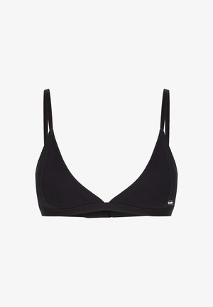 Mustan kolmion muotoinen bralette, jossa on ohuet säädettävät hihnat, sileä pinta ja hienovarainen logo. Sisältää mukautuvan pehmeän vyötärönauhan mukavuutta varten.