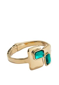 Brazalete de metal con tono dorado que presenta dos piedras preciosas rectangulares de color teal. Superficie lisa y pulida con un diseño geométrico moderno.