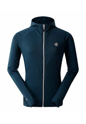 Marinefarbener Kapuzenjacke mit vollem Reißverschluss, ausgestattet mit glattem Stoff, langen Ärmeln und einem kleinen Logo auf der Brust.