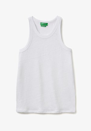 Weißes ärmelloses Baumwolltop mit rundem Halsausschnitt und grünem "United Colors of Benetton" Label innen am Kragen.