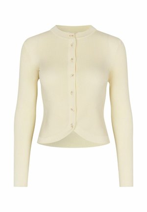 Cárdigan de manga larga en color crema con textura acanalada, cuello redondo y botones en la parte delantera, con un dobladillo ligeramente curvado.