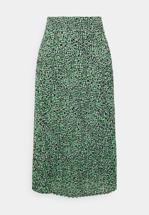 Jupe midi évasée noire avec un motif moucheté vert et blanc. Tissu léger avec des plis sur toute la longueur. Texture lisse.