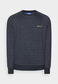 Marineblaue Sweatshirt mit strukturiertem Muster, langärmlig, mit rundem Ausschnitt und "Originals" in Gold auf der Brust gestickt.