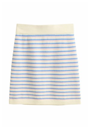 Gebreide rok met horizontale strepen in crème, lichtblauw en roze, met een effen crème tailleband en zoom.