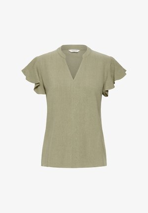 Olivinvihreä paita, jossa on V-pääntie, lyhyet röyhelöhiat ja sileä pinta; rento istuvuus, eikä näkyviä kuvioita tai metalliosia.