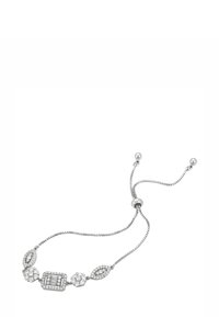 Bracciale regolabile in argento con accenti di cristallo a forma geometrica e floreale che brillano su una delicata catena a scatola.