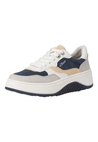 Sneaker con una combinazione di suede e tessuto in blu navy, beige e grigio. Suola in gomma bianca spessa con suola esterna testurizzata blu navy; chiusura con lacci.