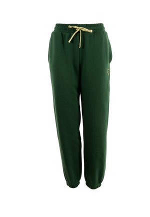 Groene sweatpants met elastische tailleband, gouden trekkoord, zijzakken en kleine gouden hart borduursel op de linker dij.
