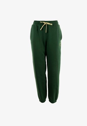 Groene sweatpants met elastische tailleband, gouden trekkoord, zijzakken en kleine gouden hart borduursel op de linker dij.