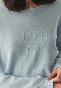 Heleheline kootud sviiter, millel on 3D karu disain. Ribiga kaelus ja mansetid koos siledat tekstuuriga.