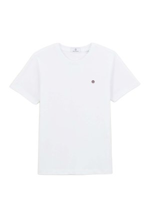 T-shirt blanc à manches courtes, en coton, avec un petit logo circulaire au centre, encolure ronde et ourlet droit.