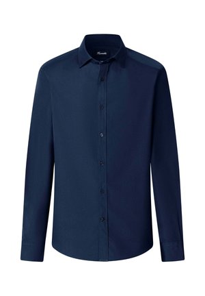 Marineblauwe longsleeve met knoopsluiting en een gladde textuur, voorzien van een voorflap met bijpassende knopen, ontworpen voor een slim fit.