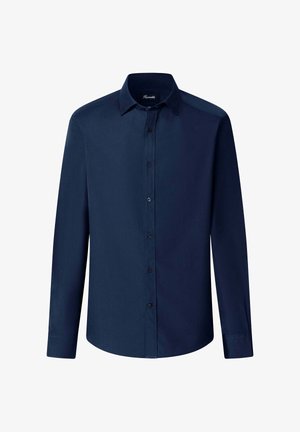 Granatowa koszula z długim rękawem i kołnierzykiem zapinanym na guziki, o gładkiej fakturze i przednim zapięciu z dopasowanymi guzikami, zaprojektowana z myślą o dopasowanym kroju.