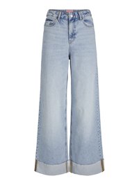 Light blue wide-leg jeans with a high waist, frayed hems, and contrasting stitching details, made from denim fabric.