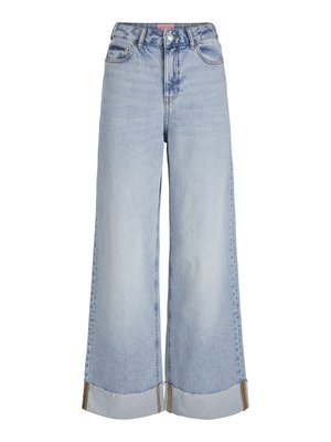 Lys blå vidbukser med høy midje, frynsete sømmer og kontrasterende sømdetaljer, laget av denim.