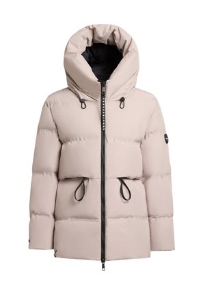 Giacca puffer rosa chiaro con colletto alto, cerniera nera, regolazioni con coulisse in vita e un'etichetta con logo sulla manica.