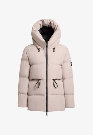 Giacca puffer rosa chiaro con colletto alto, cerniera nera, regolazioni con coulisse in vita e un'etichetta con logo sulla manica.