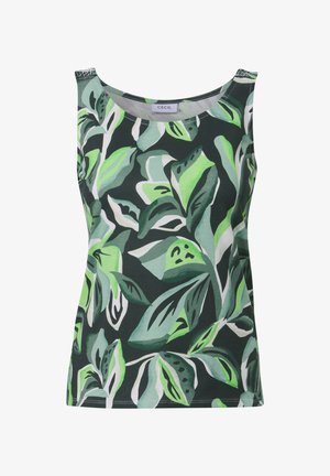 Mouwloos groen tanktop met een bladerenpatroon in verschillende tinten groen en wit. Gemaakt van zachte, lichte stof.