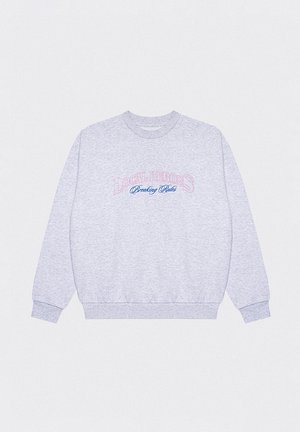 Szary sweatshirt z miękkiego materiału z haftem "LOCAL HEROES" w kolorze różowym oraz "Breaking Rules" w kolorze niebieskim. Klasyczny okrągły dekolt i ściągacze przy mankietach.