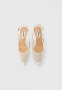 Beige slingback hæle med spidse tæer i mesh, pyntet med multifarvede rhinsten, klare detaljer og en rem med en sølvspænde.