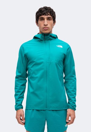 Mann trägt tealfarbene Kapuzenjacke und passende Shorts mit The North Face-Logos, steht vor schlichtem hellem Hintergrund.