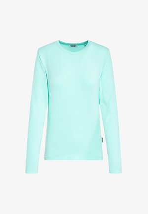 Light blue long-sleeve crew neck shirt with "Senses" label at neck and side seam, plain design, displayed on white background.
