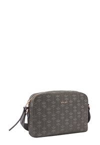Borsa a mano grigia rettangolare con motivo floreale, dotata di logo in oro rosa, chiusura con zip e tracolla removibile. Materiale sintetico liscio.