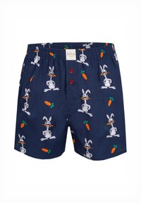 Navyblauwe boxershorts met een elastische tailleband, met een cartoonkonijn dat een wortel vasthoudt, met rode knopen en levendige patronen.