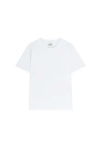 T-shirt en coton blanc avec un col rond et des manches courtes, affichant une coupe décontractée et sans motifs ni accents visibles.