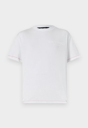 White cotton t-shirt with a round neckline and short sleeves. Features subtle embossed logo on the front and contrasting red stitching on sleeves.