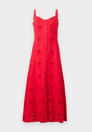 Rød ermeløs midikjole med knapper foran og blomsterbroderi med hullmønster over hele kjolen.