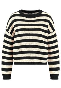 Czarny i beżowy sweter w paski z okrągłym dekoltem, teksturowanym splotem i ściągaczami. Skrócona sylwetka o luźnym kroju.