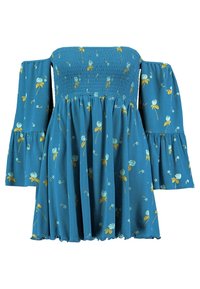 Teal off-shoulder mekko, jossa on smockattu vartalo-osa, kukkaukot hihat ja keltainen ja sininen kukkakuosi. Kevyt kangas, joka laskeutuu kauniisti.