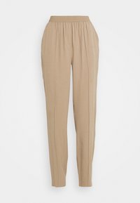 Béžové, lehké kalhoty s elastickým pasem. Mají měkkou texturu, zúžené nohavice a jemné plisování vpředu.