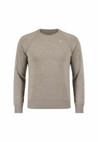 Felpa a girocollo beige chiaro realizzata in morbido tessuto a maglia, con polsini e orlo a costine, e un dettagliato logo discreto sul petto.