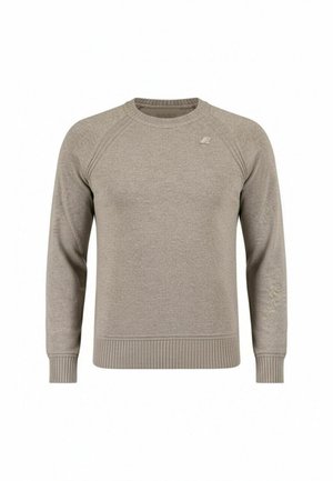 Felpa a girocollo beige chiaro realizzata in morbido tessuto a maglia, con polsini e orlo a costine, e un dettagliato logo discreto sul petto.