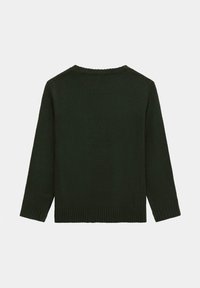 Maglione lavorato a maglia verde scuro, maniche lunghe, scollatura rotonda, orlo e polsini a costine. Texture liscia senza motivi o dettagli visibili.