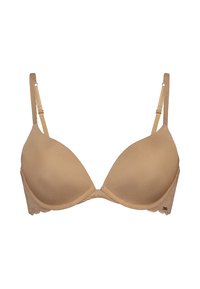Beige padded bra with underwire and adjustable straps, featuring lace detailing on the side wings.