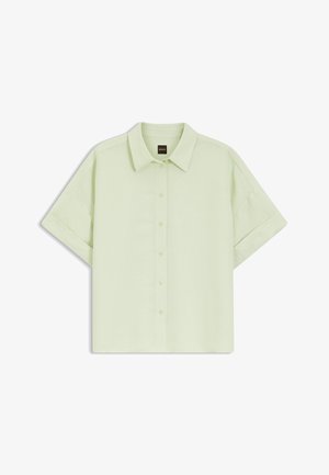 Light green short-sleeve button-up shirt with folded cuffs and a classic collar, displayed flat with buttons closed.