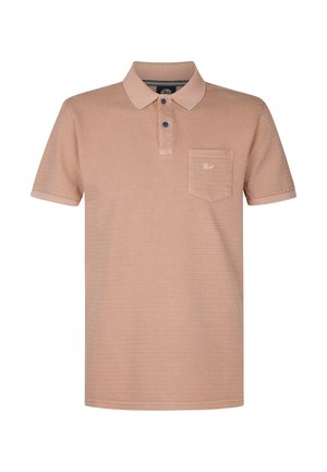 Kurzärmeliges Poloshirt in hellem Pfirsich mit strukturierten Streifen, einem Polokragen, einer Knopfleiste mit zwei Knöpfen und einer kleinen Brusttasche.