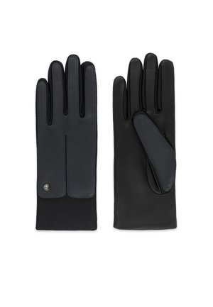 Guanti in pelle con un esterno nero e un palmo grigio scuro. Il design include un polsino in lana texturizzata e un accento decorativo a pulsante.