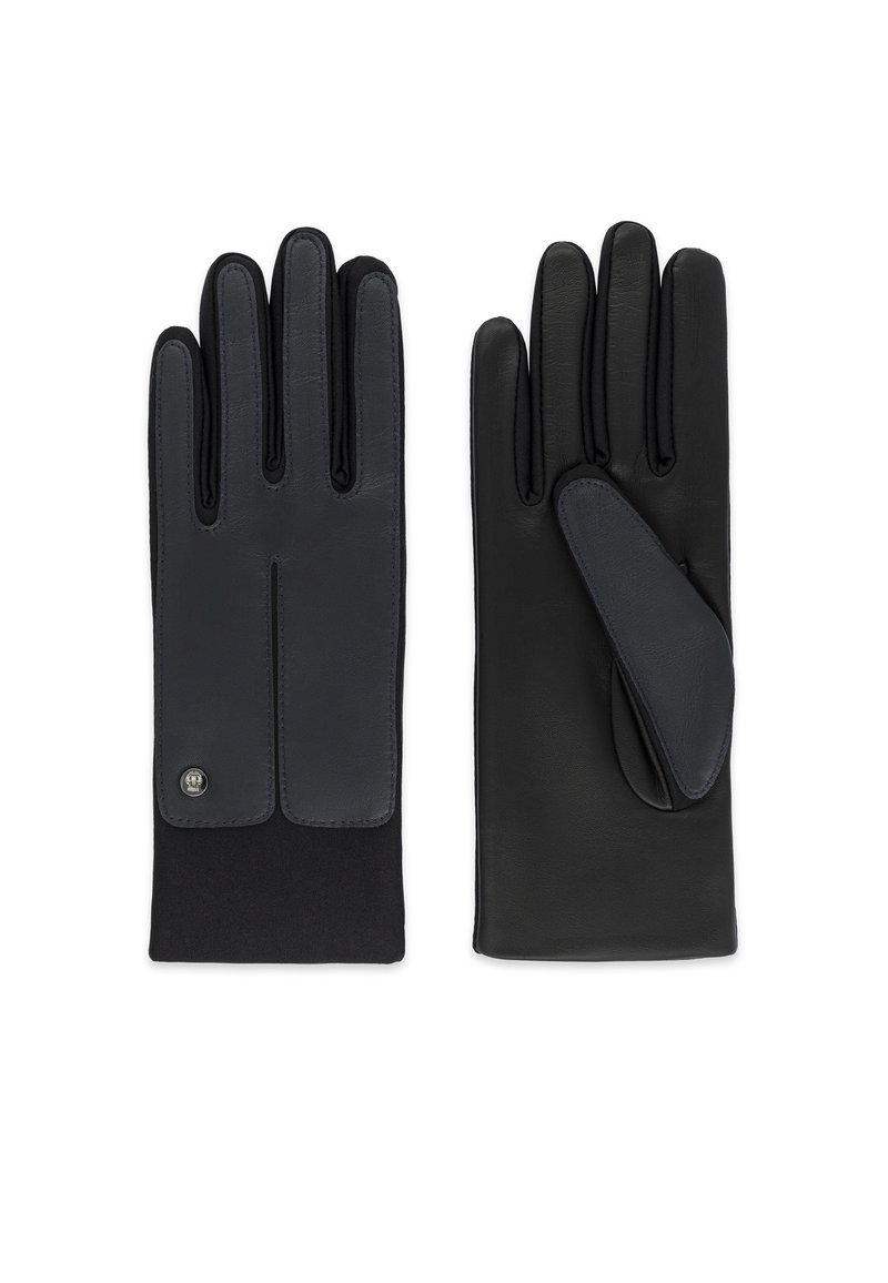 Gants en cuir avec un extérieur noir et une paume gris foncé. Le design comprend un poignet en laine texturée et un accent de bouton décoratif.