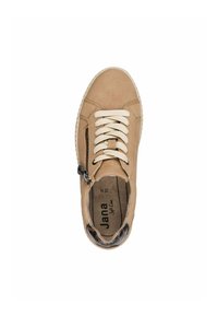 Tan leather sneaker with white laces, side zipper, and brown accent near the heel. Features a soft interior and rounded toe design.