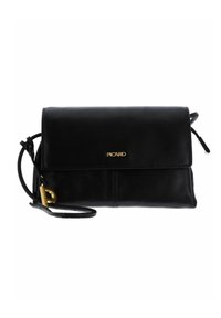 Bolso de mano de cuero negro con solapa, correa ajustable y herrajes dorados. Presenta un logotipo grabado en la parte frontal y una textura suave.