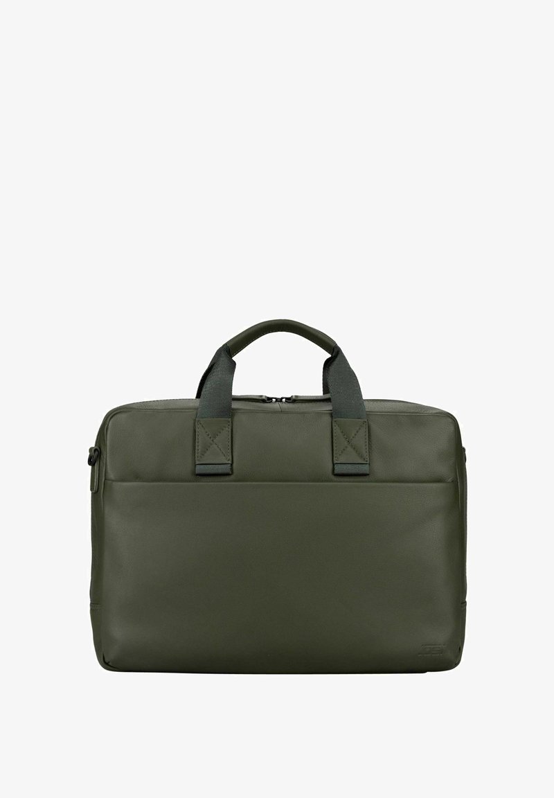 Grüne Leder-Aktentasche mit glatter Textur, zwei oberen Griffen und Reißverschluss. Verfügt über verstärkte Nähte an den Griffen.