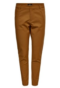 Brown tailored trousers with a smooth texture, featuring side pockets and a slim fit design. Waistband with belt loops.